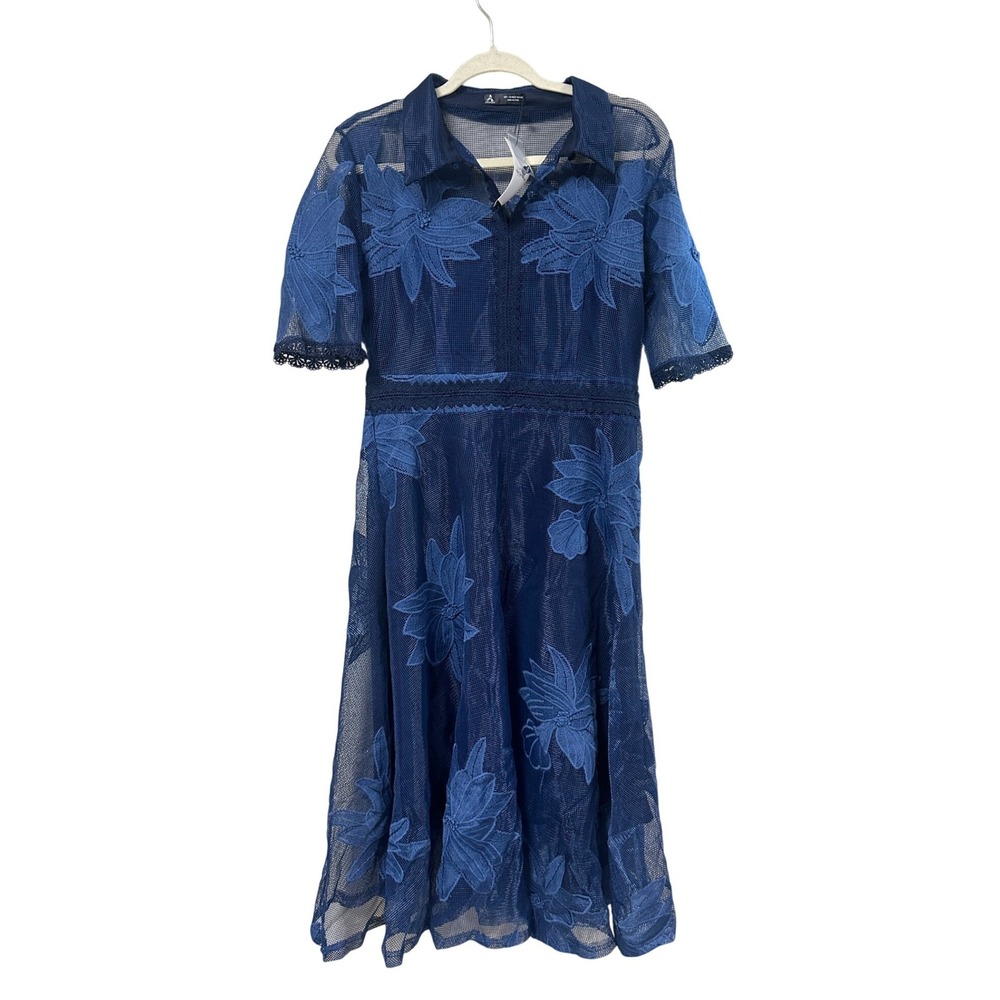 Anewsta Navy Blue Floral Embroidered Mesh Midi Dress Short Sleeve Collared L NEW